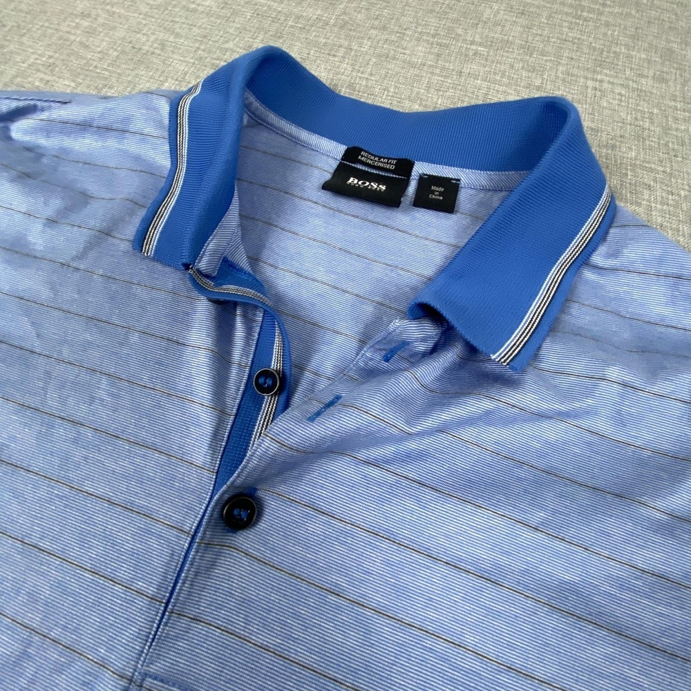Boss Polo Shirt Mens XL Blue Striped 100% Cotton Collared Short Sleeve